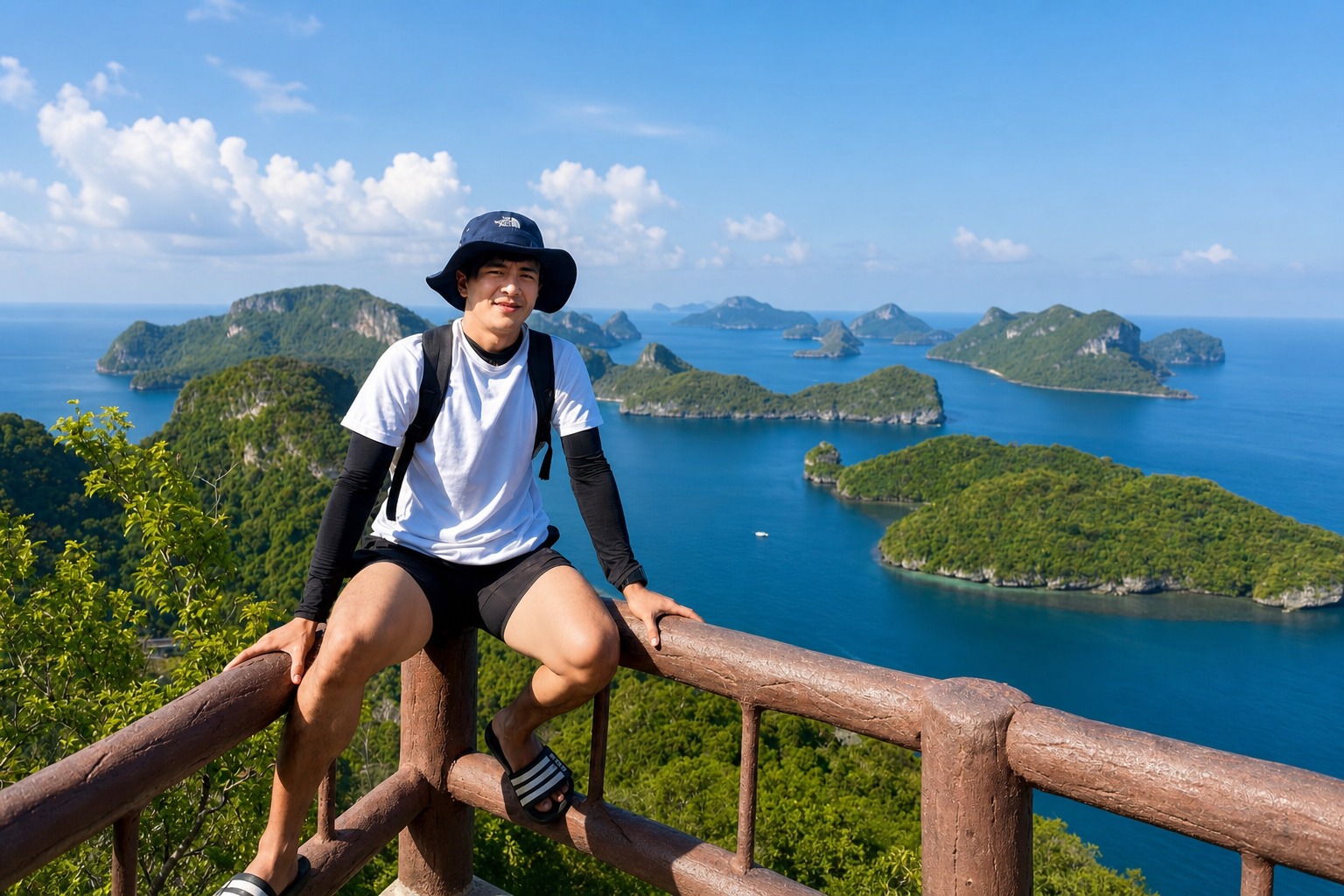 Hiker at the Koh Wua Ta Lap viewpoint railing, Ang Thong Marine Park