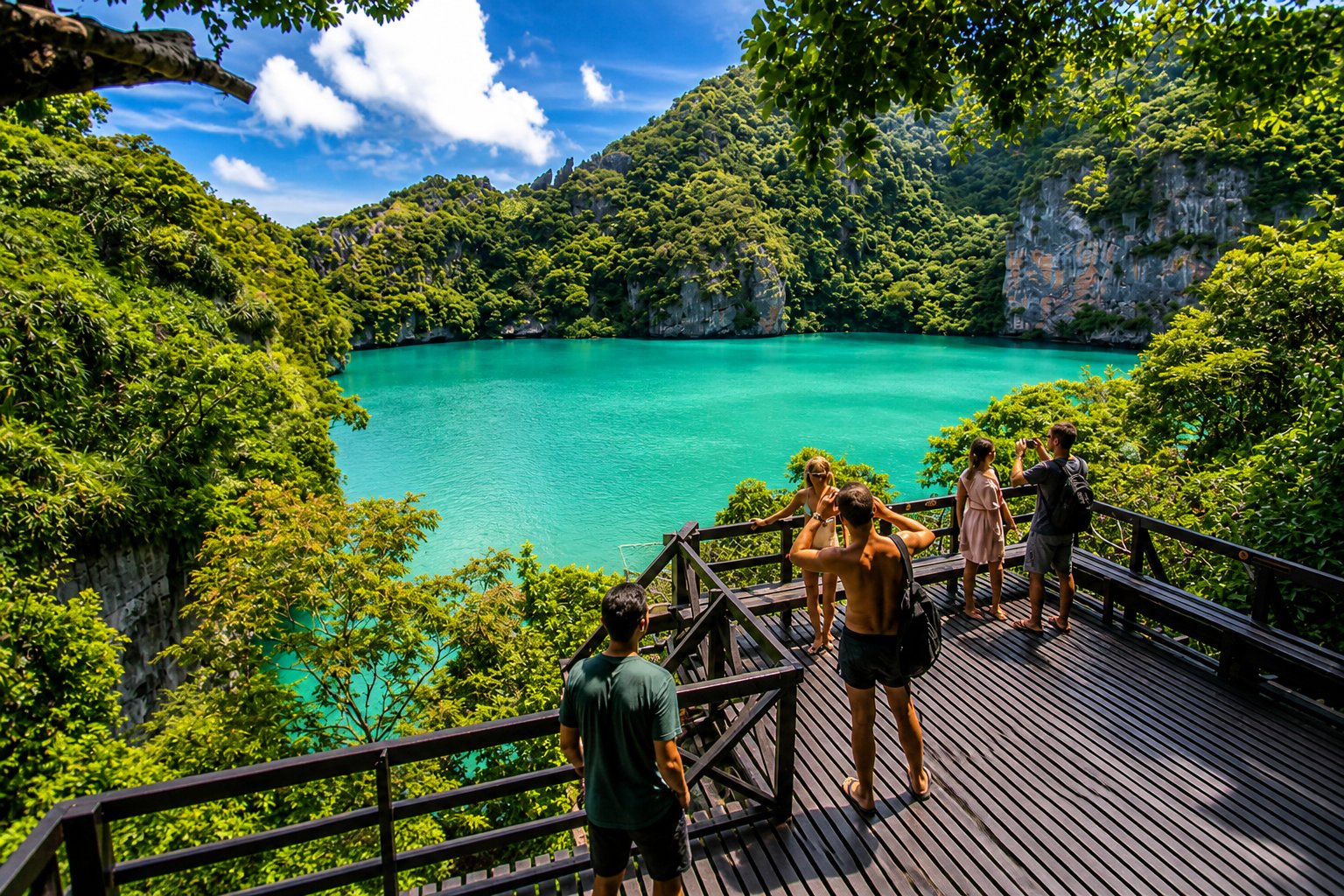 Visitors at the Emerald Lake viewpoint deck, Ang Thong