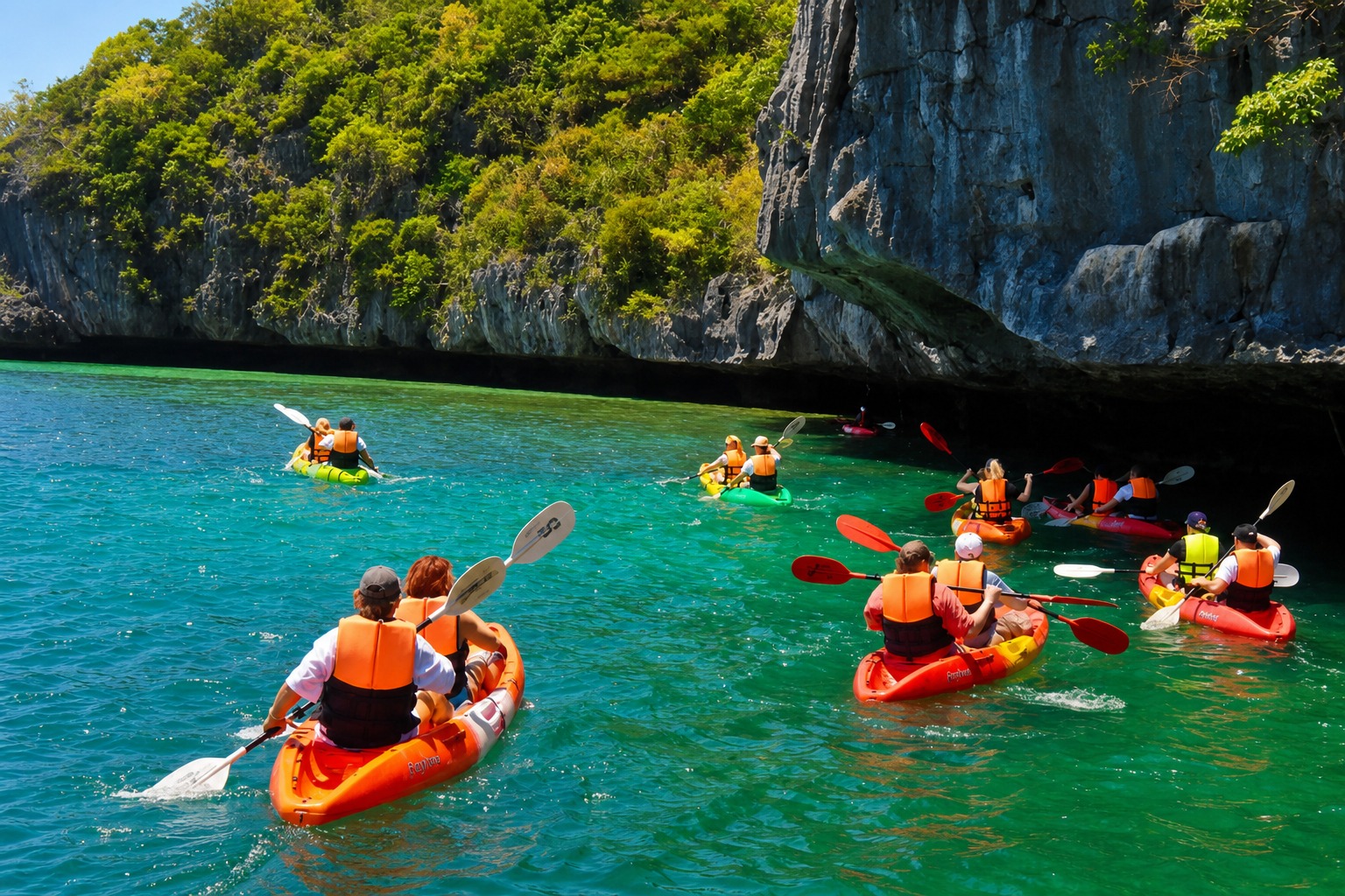 Kayaking beneath a limestone overhang, Ang Thong Marine Park
