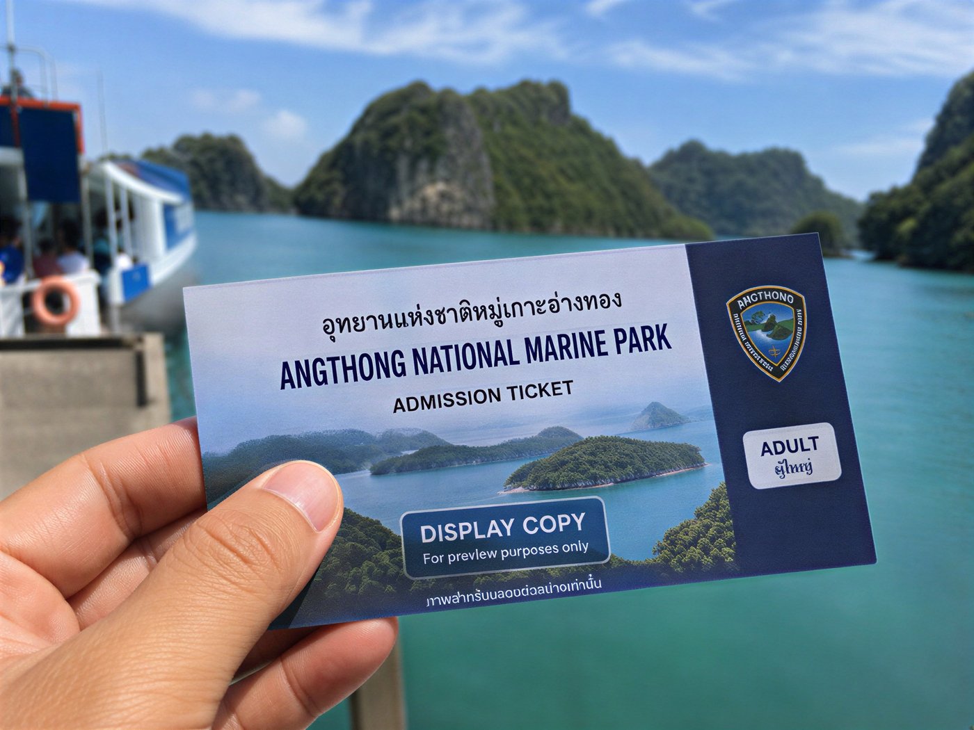 Angthong National Marine Park admission ticket held up in front of the tour boat and limestone islands