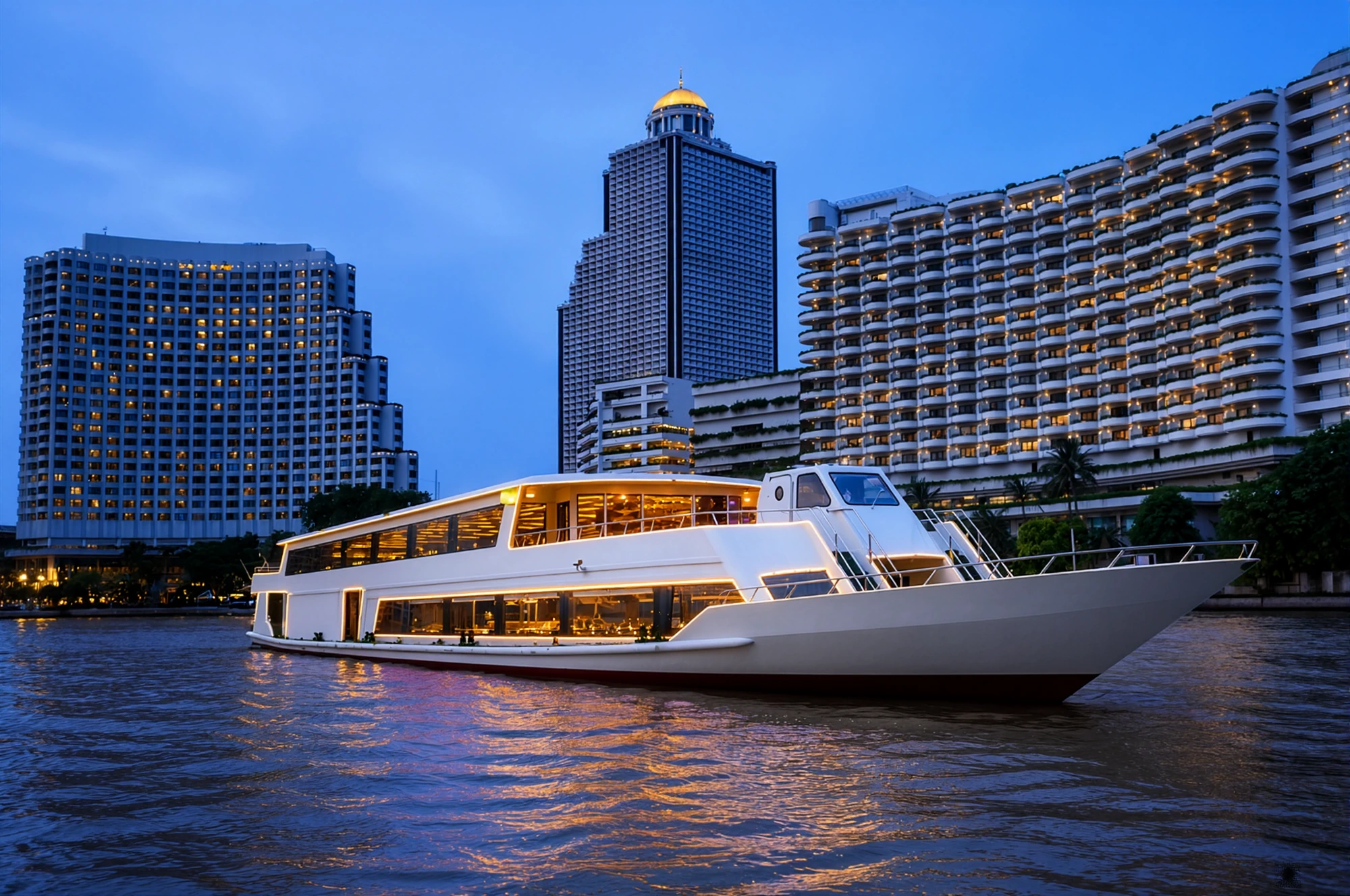 Riverside hotels lit up along the Chao Phraya