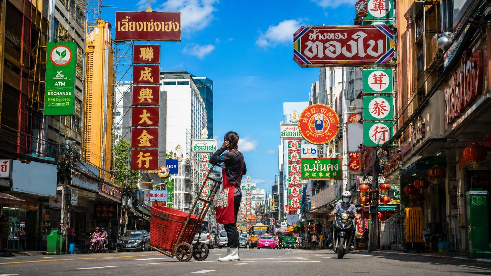 Old shophouses and the Chinatown Gate in Bangkok
