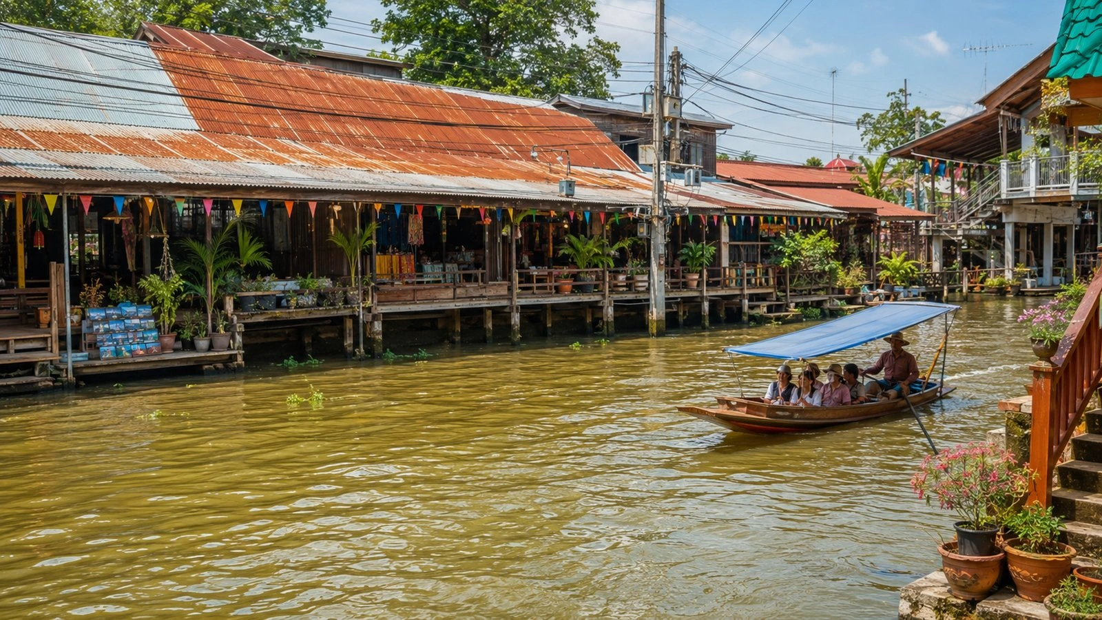Wooden stilt houses along the canal at Damnoen Saduak