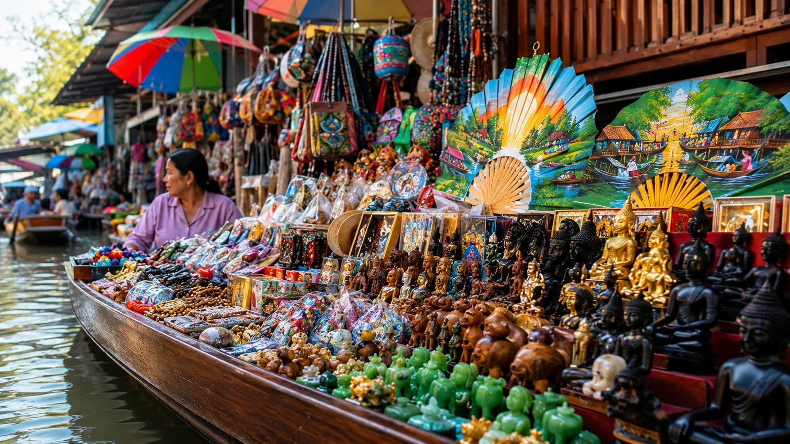 Vendor boats with fruit and food at Damnoen Saduak Floating Market